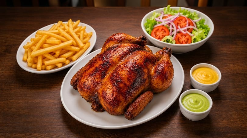 Whole roasted chicken, fries, salad, and two dipping sauces on a wooden table.